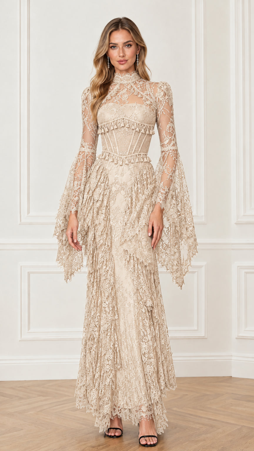 Front full-length view of the champagne beige lace corset maxi dress