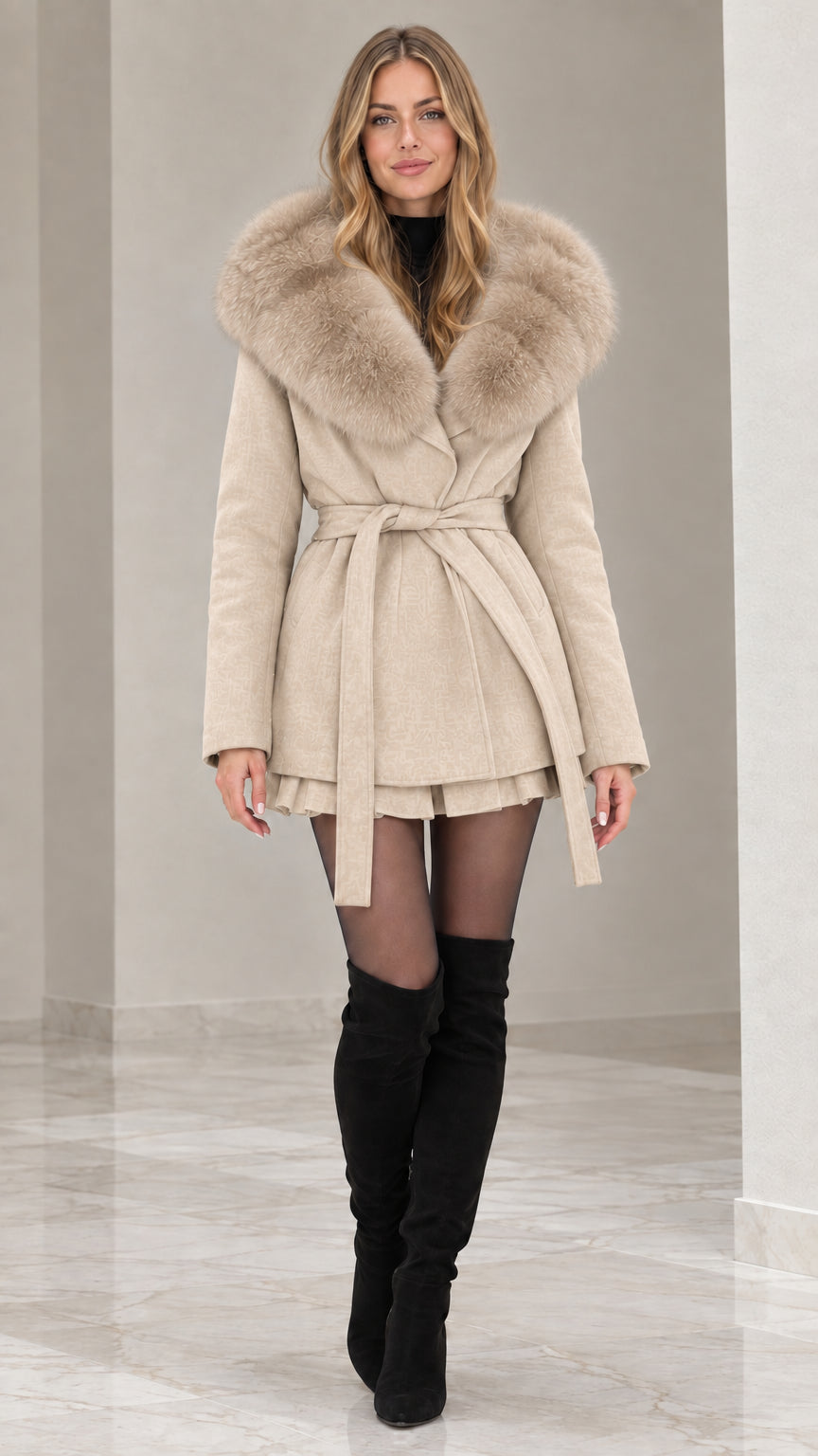 Front view of model wearing beige cream faux fur hooded belted wrap coat with black boots