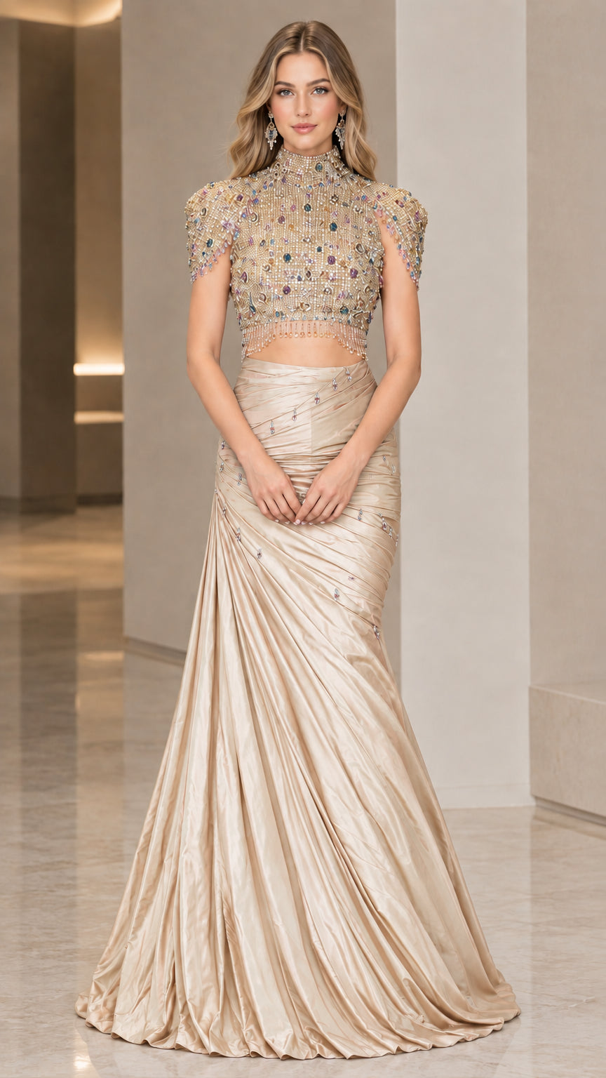 Full-length champagne gold two-piece beaded crop top mermaid evening gown