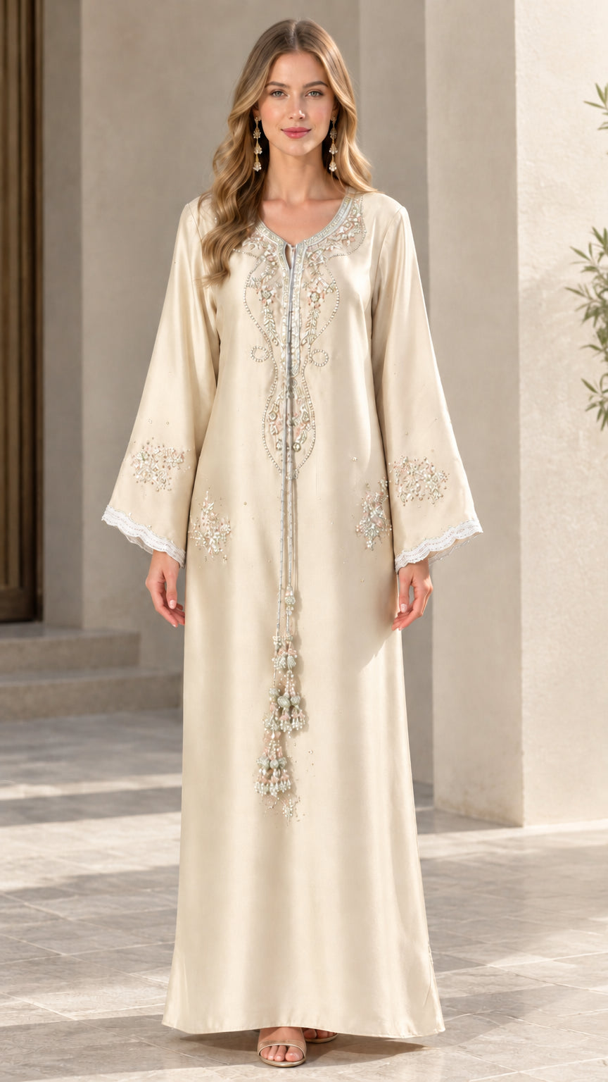 Full-length view of champagne ivory embroidered kaftan maxi dress