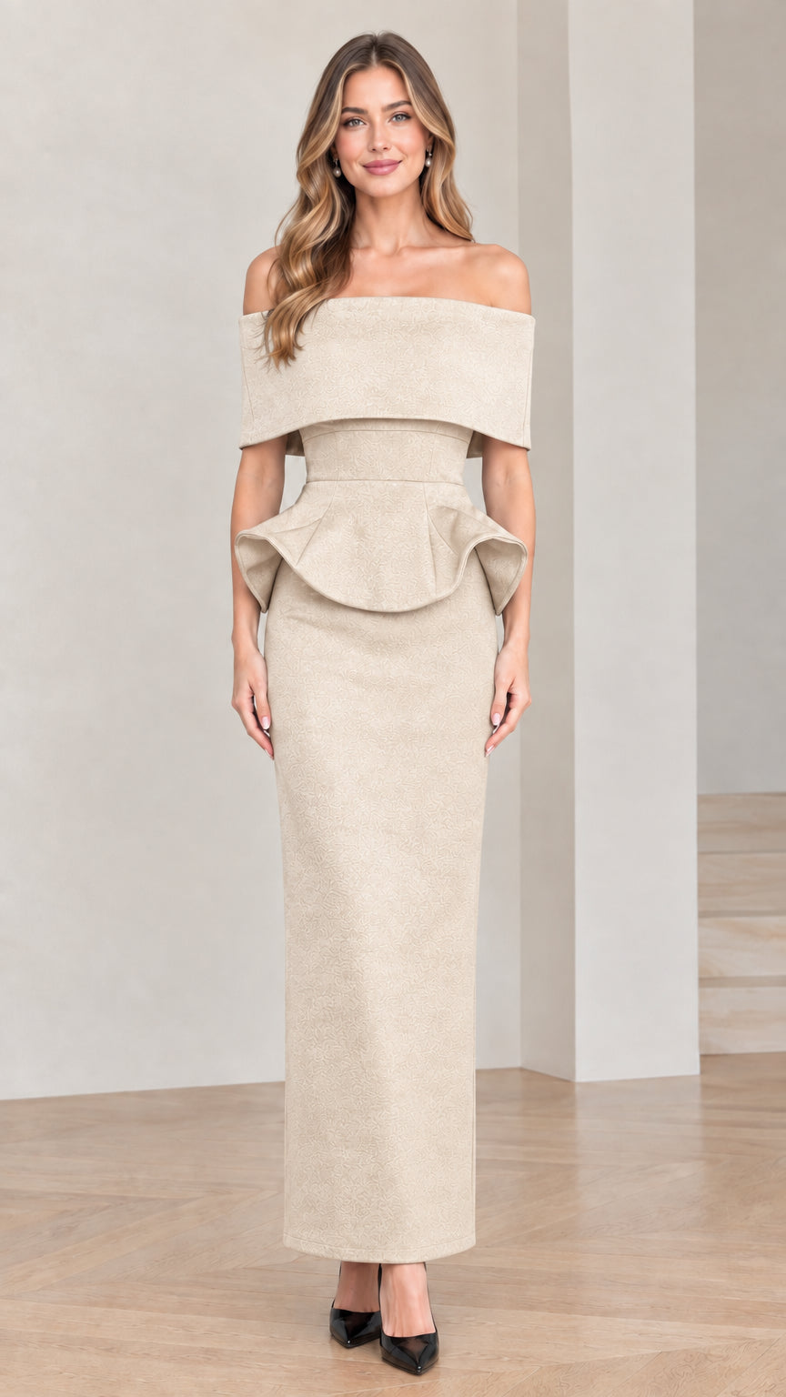 Beige champagne off-the-shoulder peplum column evening dress