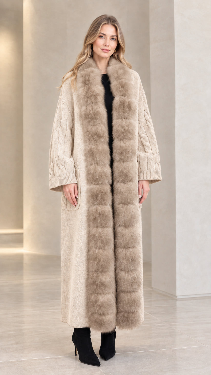 Front view of beige cream faux fur trim maxi cable knit cardigan coat