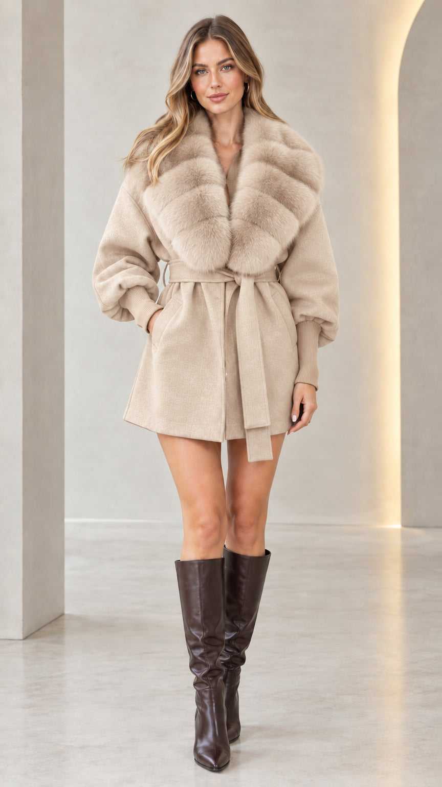 Front view of model wearing beige cream belted faux fur collar short coat