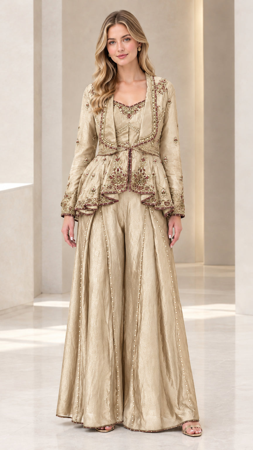 Front full-length view of woman wearing champagne gold embroidered peplum pant set