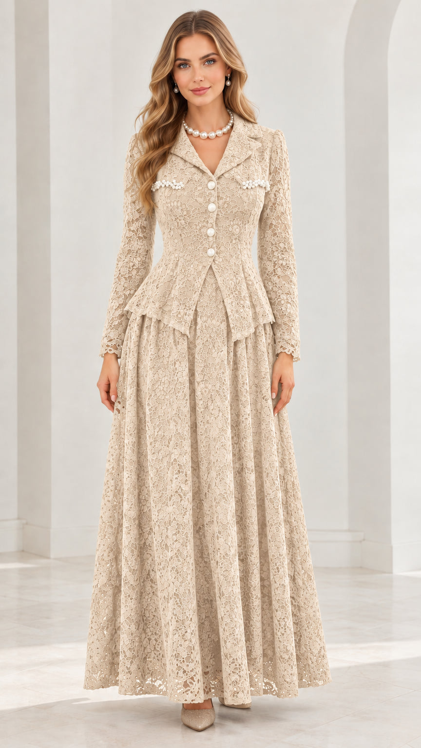 Front full-length view of champagne beige floral lace peplum maxi dress