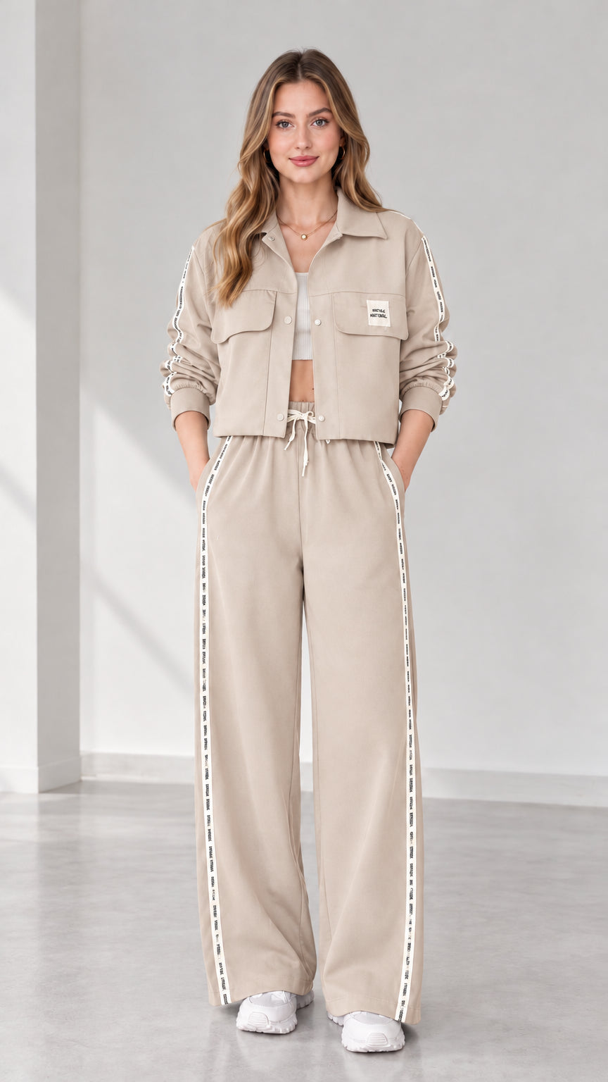 Full view of women's cropped jacket and wide-leg track pants set in beige