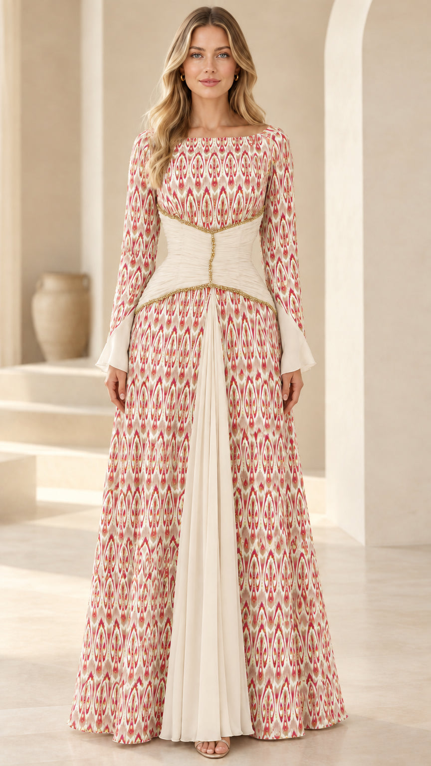Cream and warm gold ikat print long sleeve maxi dress with ivory contrast waist