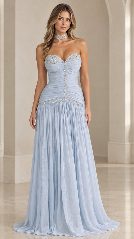 Front full view of light blue strapless ruched evening gown with rhinestone trim