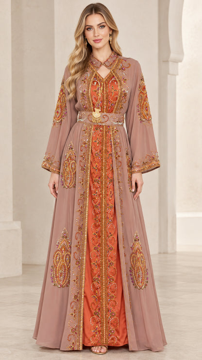 Front full view of dusty rose embroidered Moroccan kaftan maxi dress with belt
