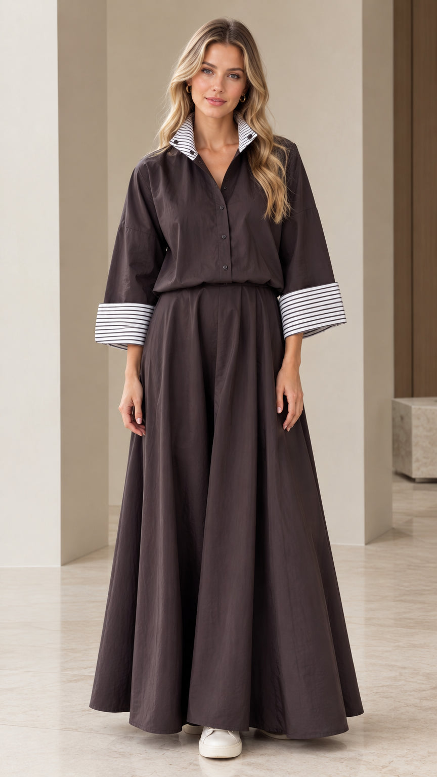 Charcoal two-piece set with button-down shirt and maxi skirt front view