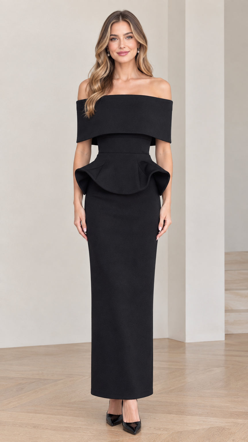 Front view of woman wearing black off-the-shoulder peplum maxi dress