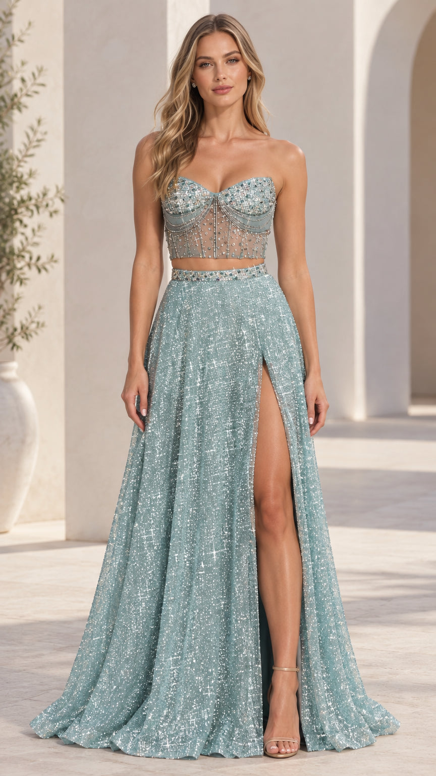 Front view of model wearing dusty blue two-piece embellished corset evening gown with slit skirt