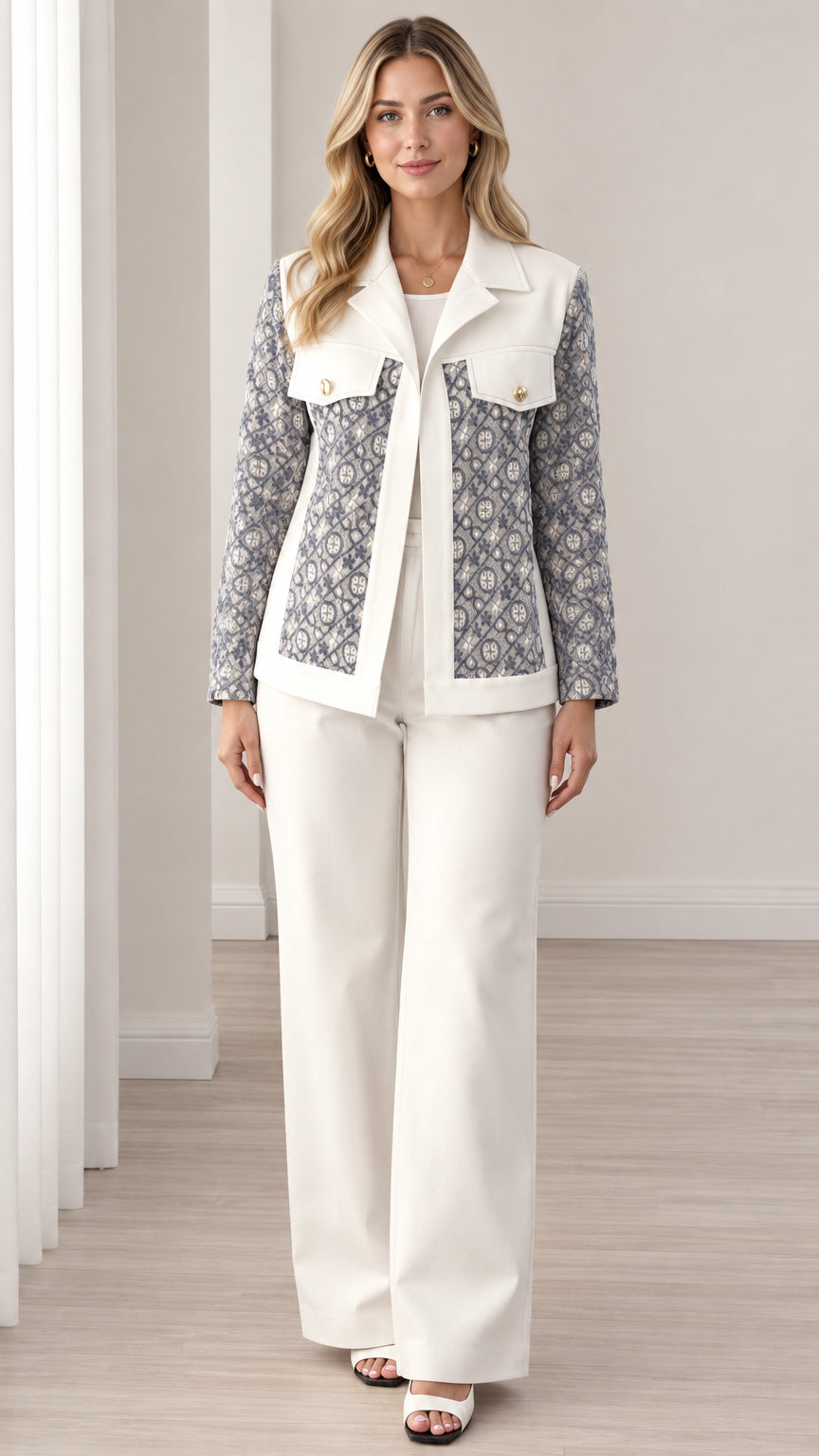 Front full view of woman wearing Slate Blue and white jacquard blazer with matching wide-leg trousers