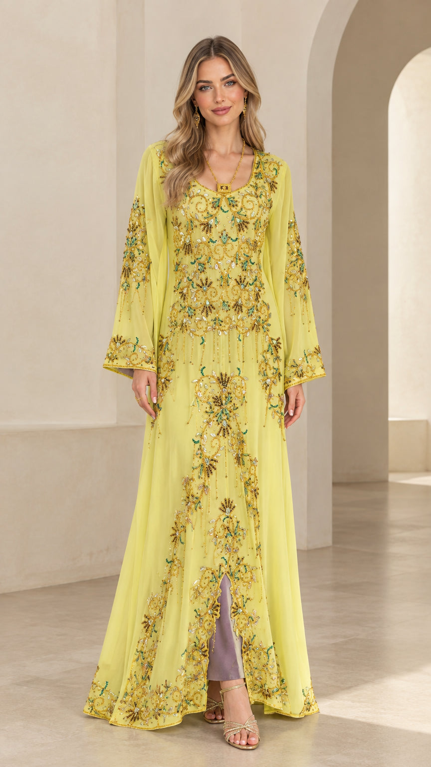 Front full-length view of yellow embroidered beaded maxi kaftan dress
