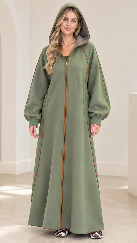 Women's hooded full-zip maxi loungewear coat in sage green front view