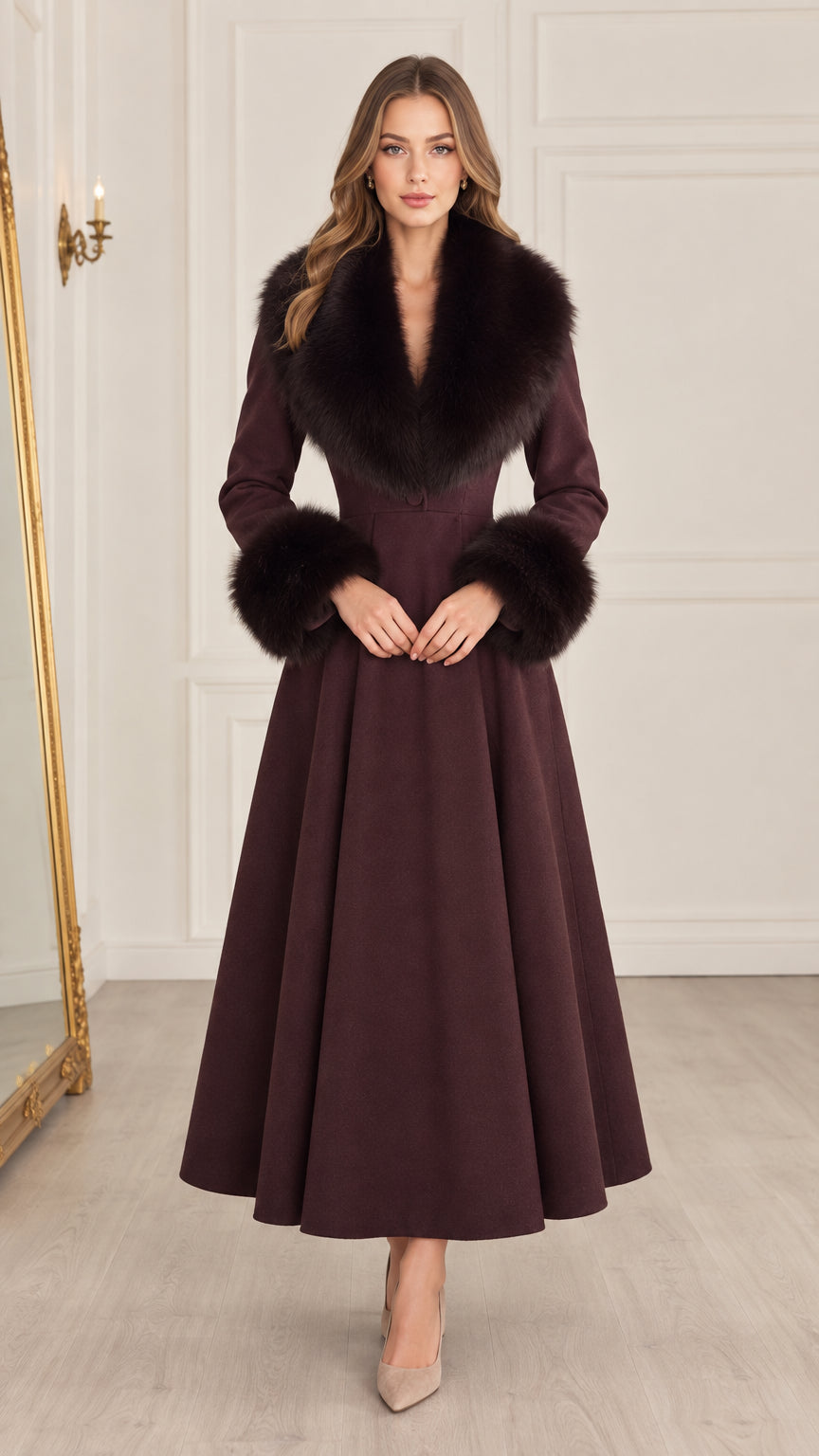 Front view of model wearing burgundy maxi fit and flare coat with faux fur collar and cuffs