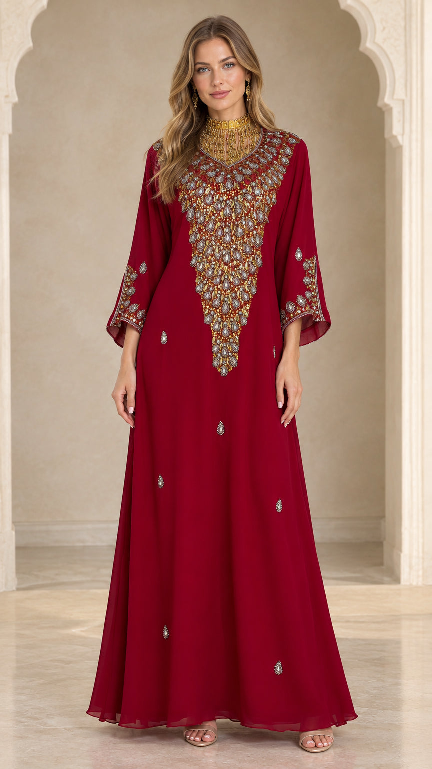 Front full view of burgundy embellished kaftan maxi dress with crystal beaded bodice