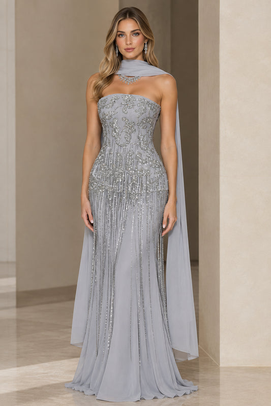 Silver Grey strapless beaded fringe evening gown with matching chiffon scarf front view