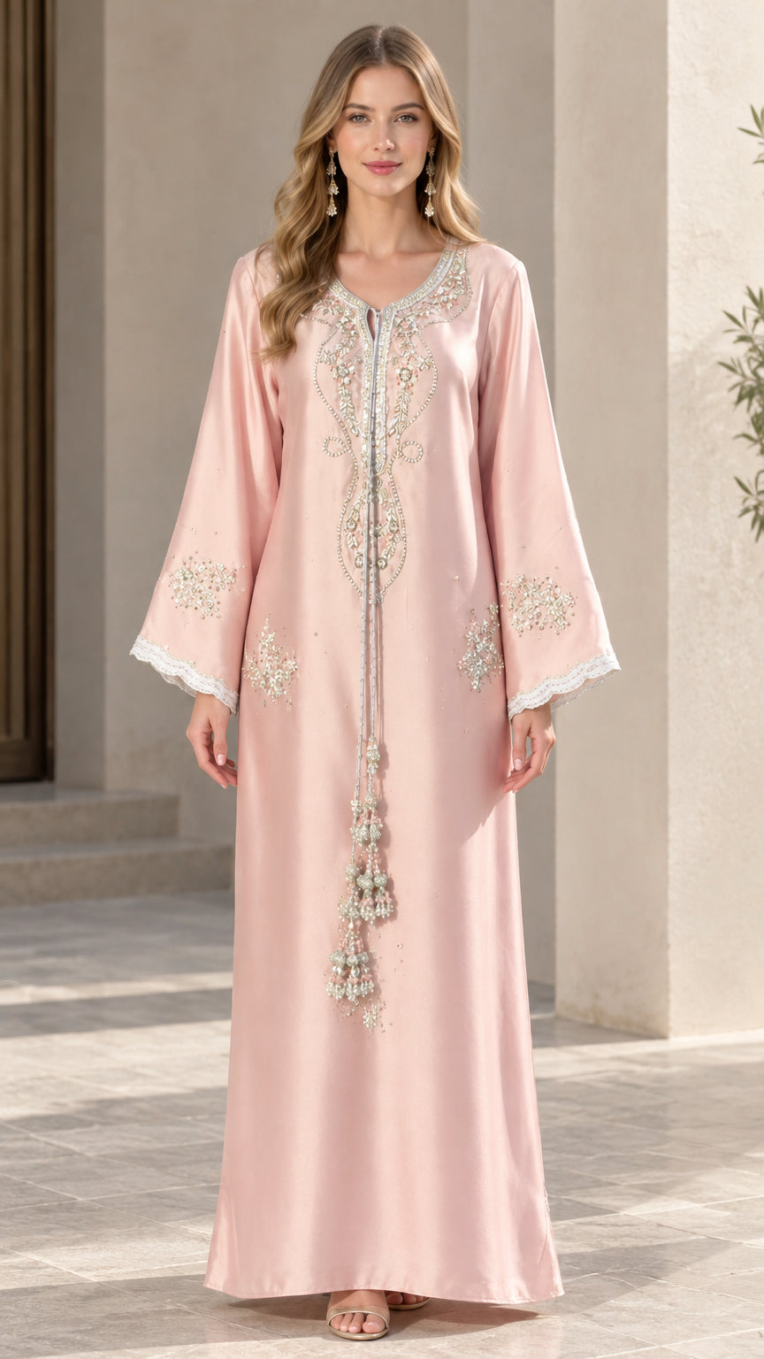 Front full-length view of woman wearing blush pink embroidered kaftan maxi dress with tassels