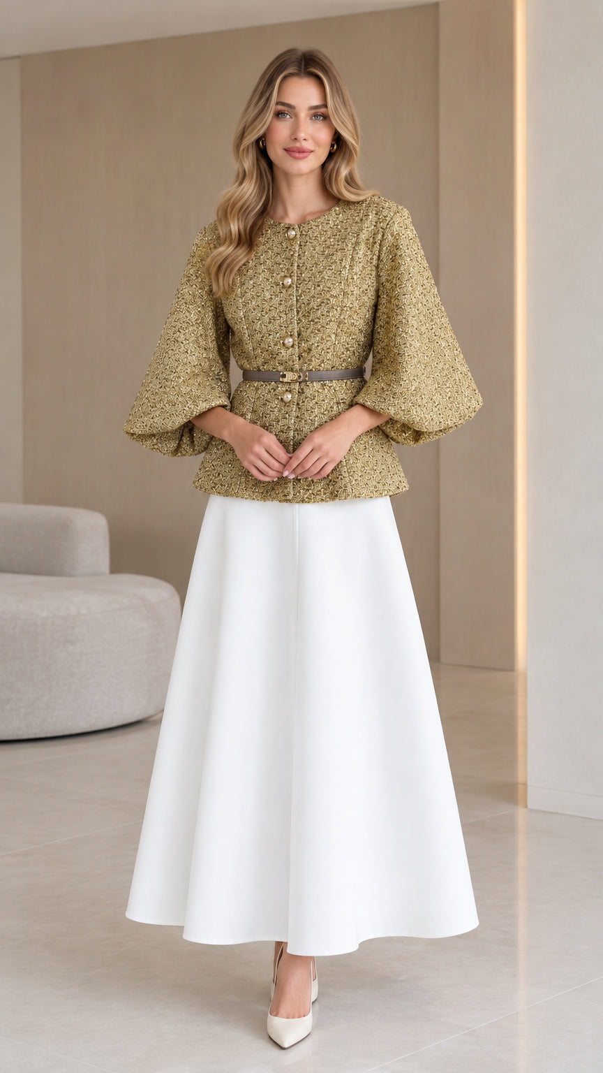 Olive green belted tweed jacket with lantern sleeves paired with white skirt - front view