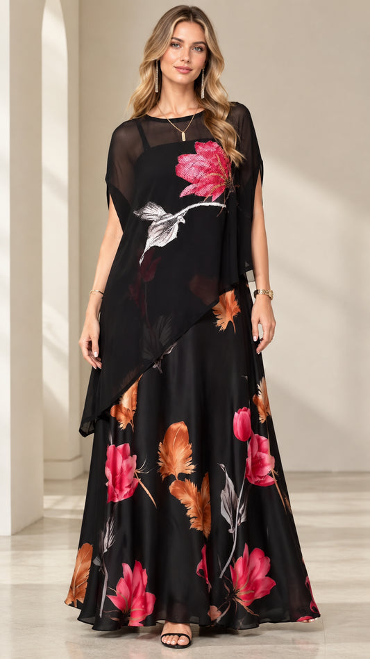 Front view of black floral print chiffon capelet maxi dress
