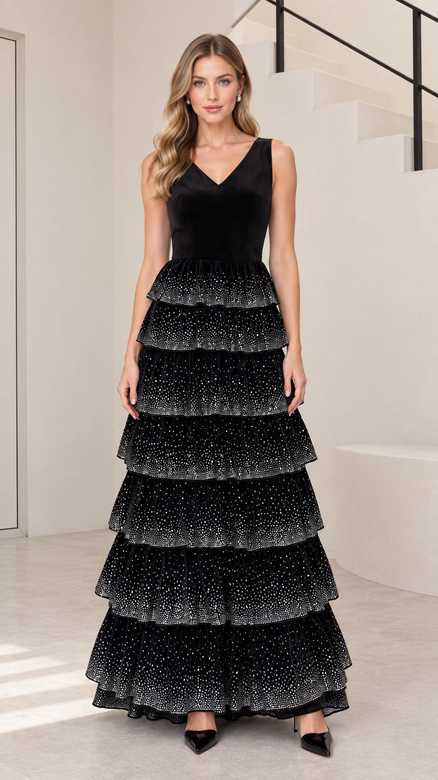 Front view of black sleeveless V-neck velvet bodice tiered rhinestone maxi dress