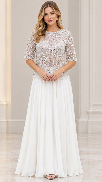 Front view of model wearing Ivory sequin beaded bodice chiffon maxi evening gown