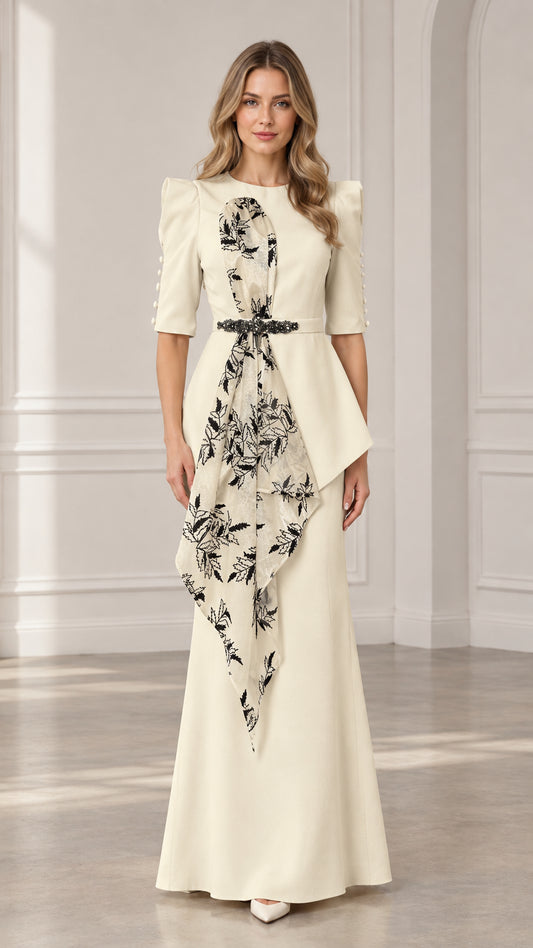Ivory floral embroidered peplum maxi evening gown front view
