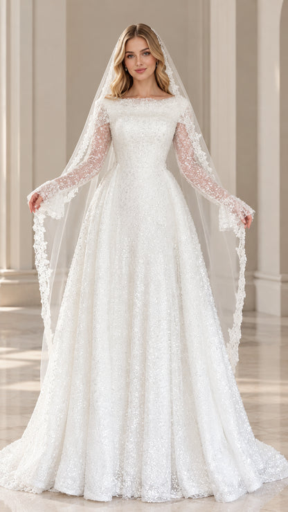 Front full view of white long sleeve sequin lace A-line bridal gown with veil