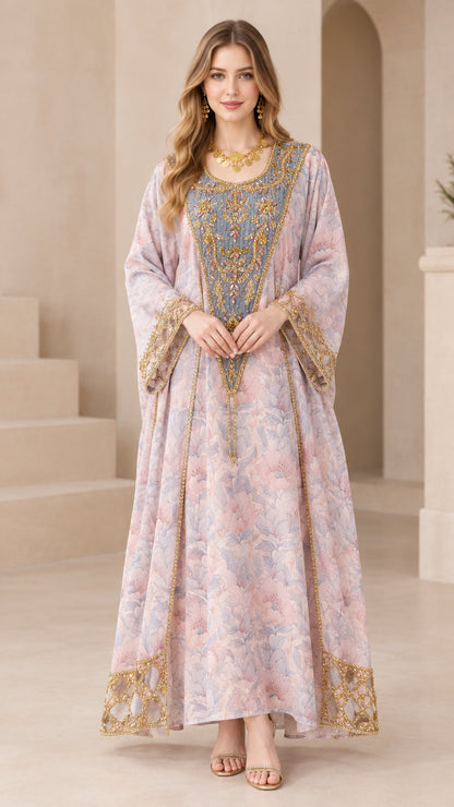 Front view of floral embroidered kaftan maxi dress in dusty pink
