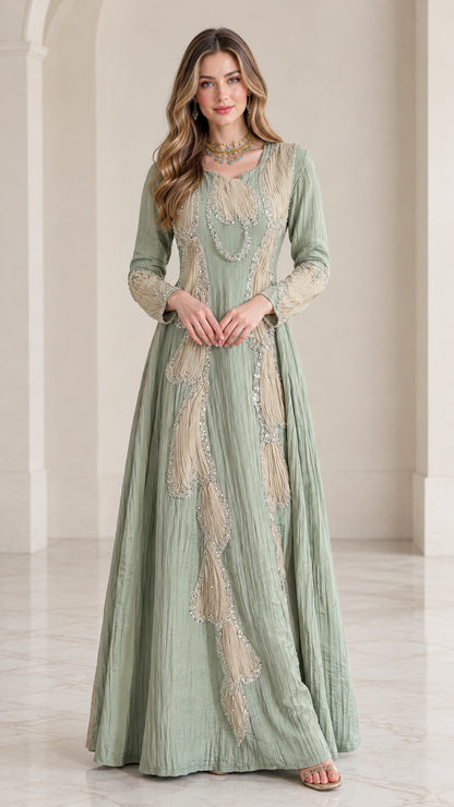Full front view of sage green embellished long sleeve crinkle maxi dress