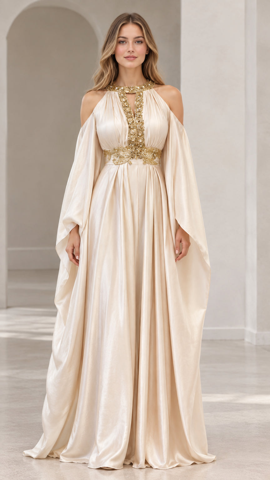 Champagne halter cold-shoulder cape evening gown with gold embroidery, front view