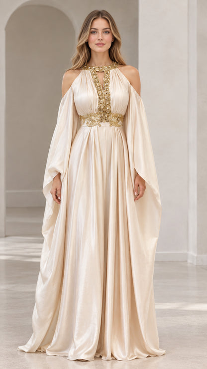 Champagne halter cold-shoulder cape evening gown with gold embroidery, front view