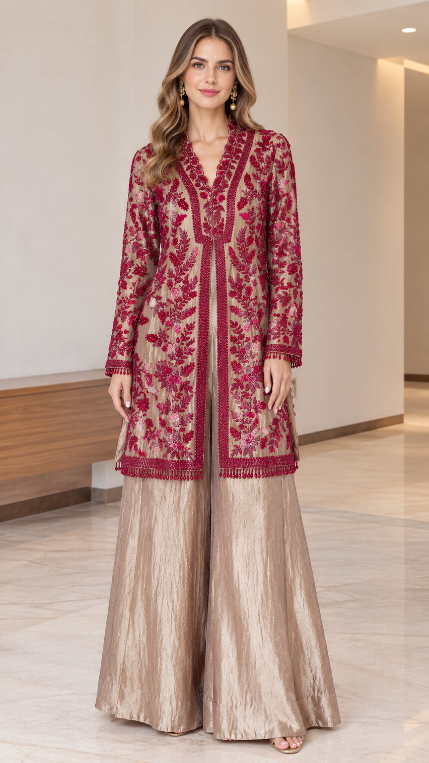 Champagne embroidered longline tunic and wide-leg pant set front view