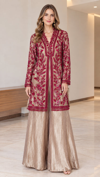 Champagne embroidered longline tunic and wide-leg pant set front view