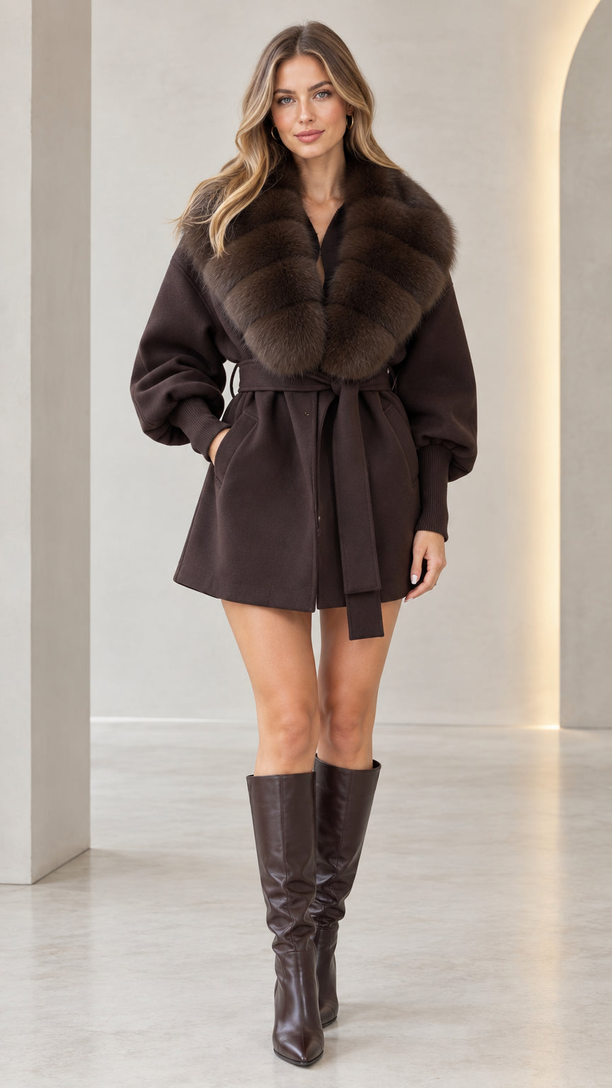 Front view of model wearing chocolate brown faux fur collar belted short coat with tall boots