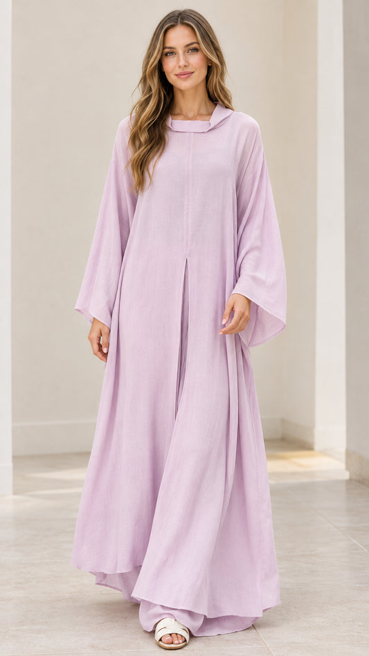 Full front view of model wearing lilac flowy maxi kaftan dress with wide sleeves