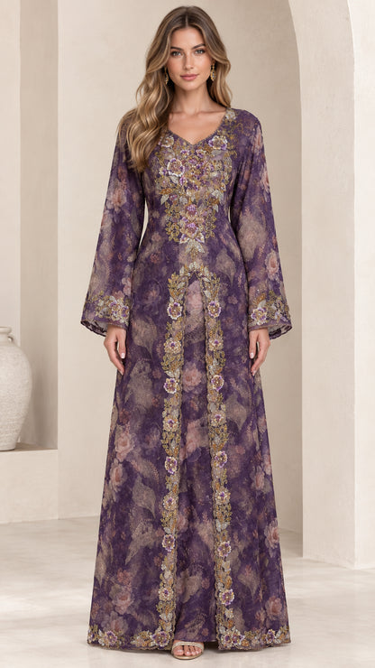 Front full view of woman wearing purple floral embroidered maxi dress with bell sleeves