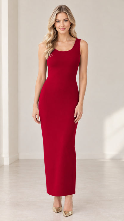 Model wearing Burgundy sleeveless scoop neck bodycon maxi dress front view