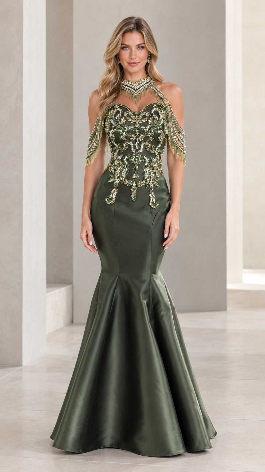 Olive green halter mermaid evening gown with beaded fringe cold shoulder