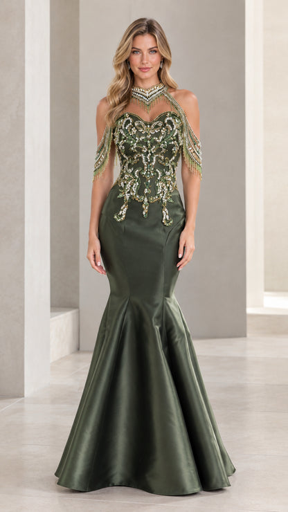 Olive green halter mermaid evening gown with beaded fringe cold shoulder