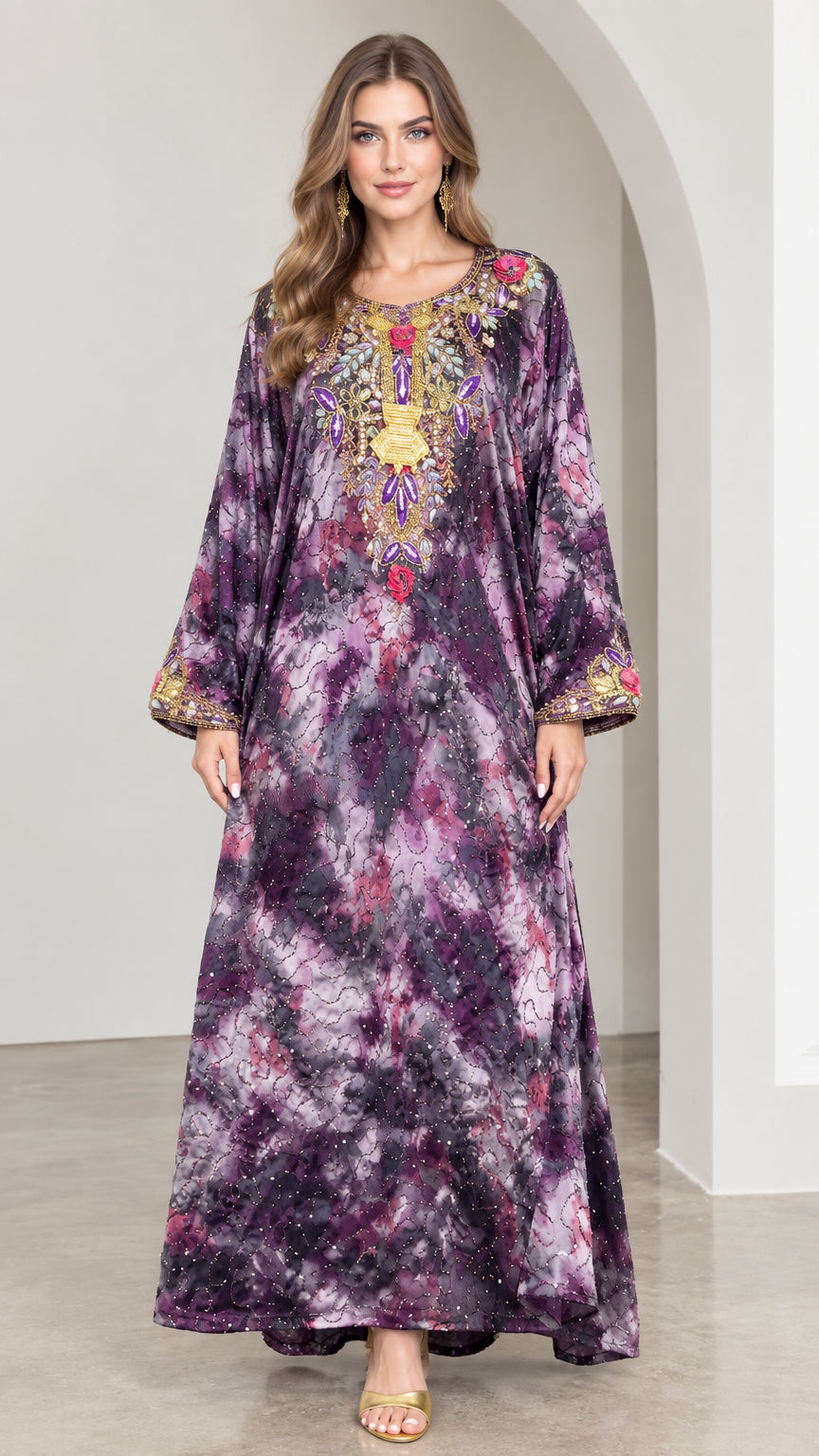Front view of model wearing purple tie-dye embellished kaftan maxi dress