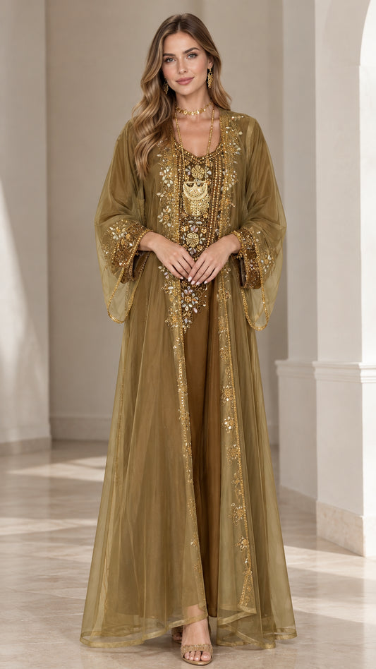 Olive Gold embroidered sheer overlay kaftan abaya maxi dress front view
