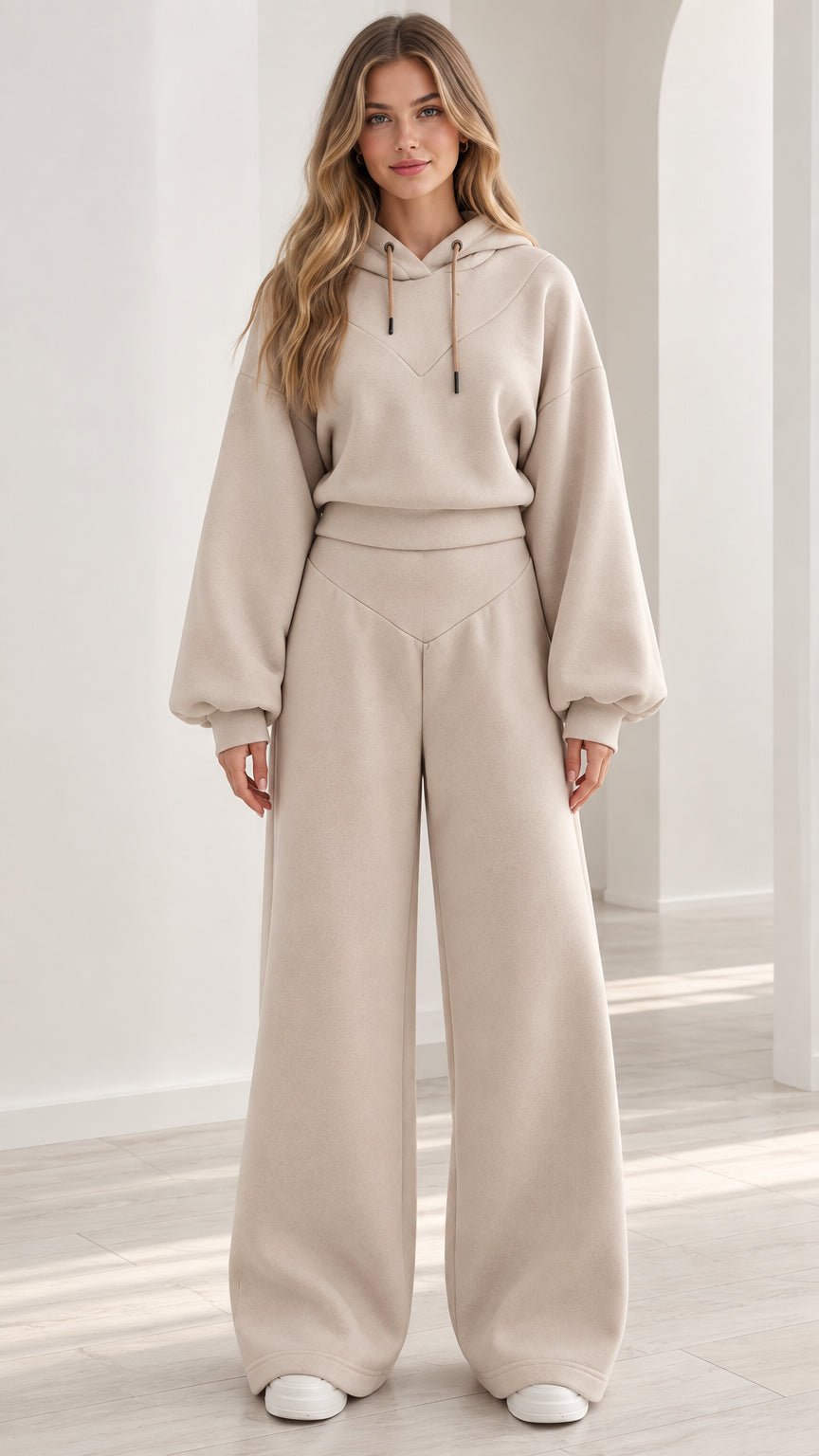 Full front view of beige 2-piece hoodie and wide leg lounge set on model
