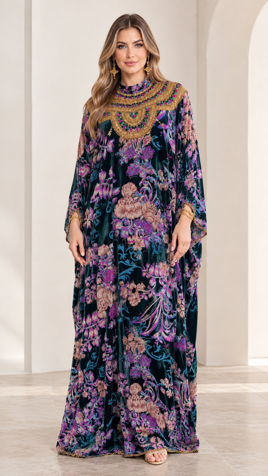 Front view of model wearing Teal floral velvet kaftan dress with ornate beaded neckline