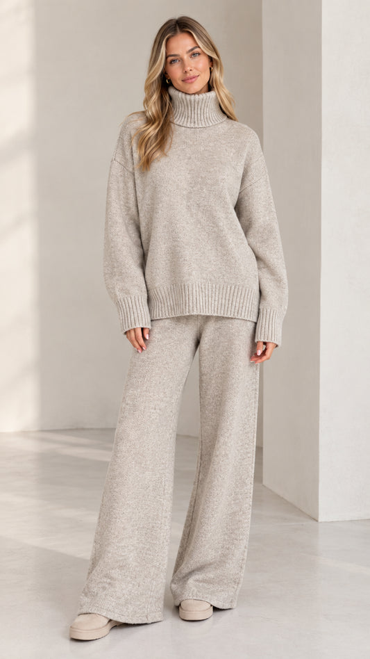 Front full view of women's heather grey turtleneck knit sweater and wide leg pants 2-piece set