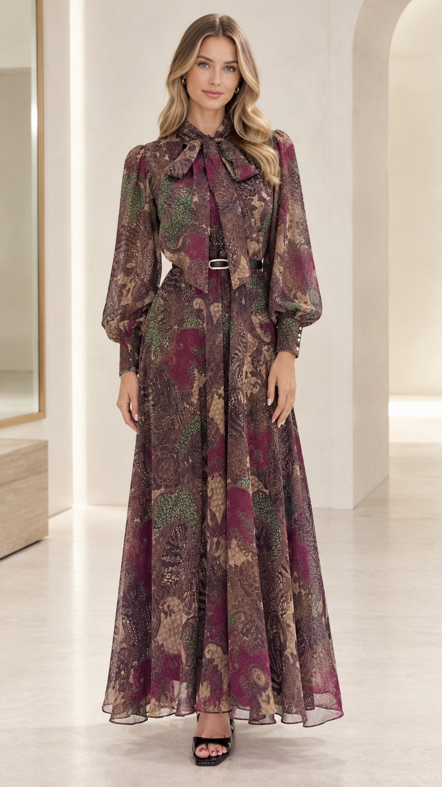 Front view of woman wearing Plum Multi paisley tie-neck maxi dress with belted waist