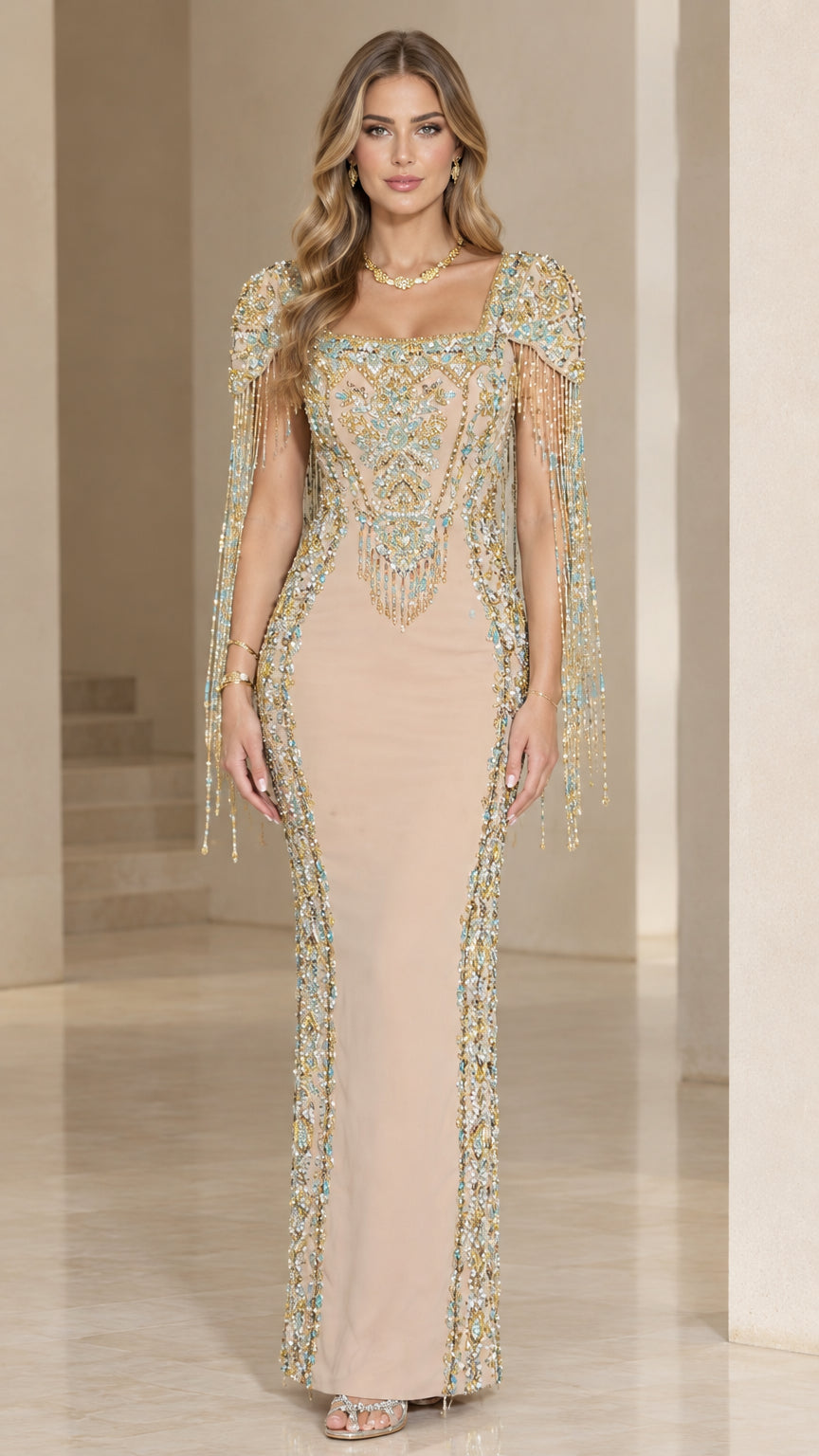 Full front view of Champagne embellished column evening gown with beaded fringe sleeves