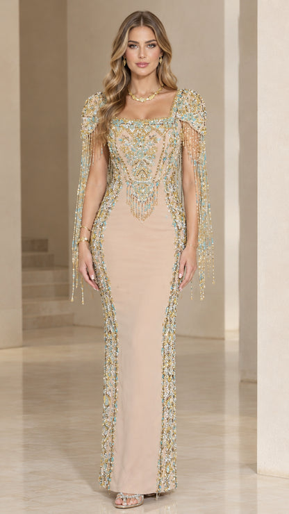 Full front view of Champagne embellished column evening gown with beaded fringe sleeves