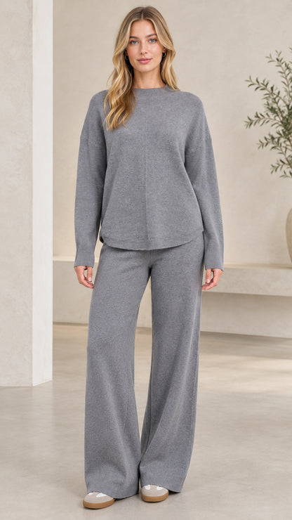 Women's heather grey two-piece knit sweater and wide leg pants lounge set front view